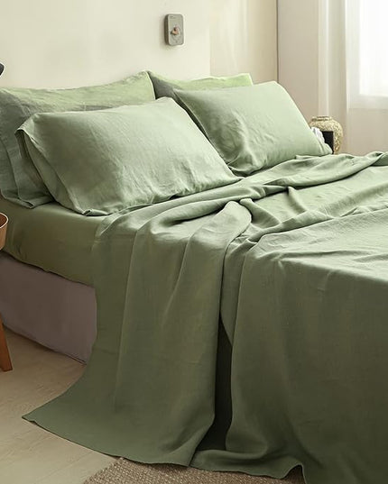 Simple&Opulence 100% Linen Sheet Set Solid Color- 6 Pcs Washed French Flax Bed Sheets (1 Flat Sheet, 1 Fitted Sheet, 4 Pillowcases) - Breathable Home Collection (Basic Sage Green, Queen) - LeafyLoom