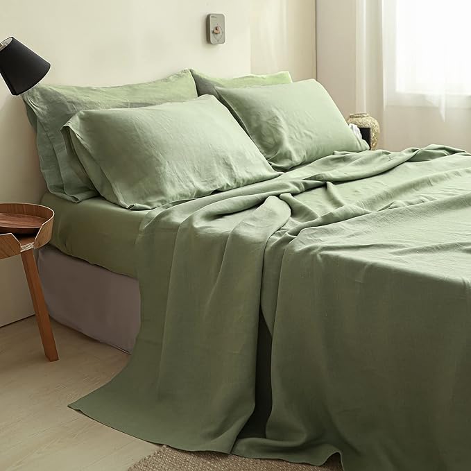 Simple&Opulence 100% Linen Sheet Set Solid Color- 6 Pcs Washed French Flax Bed Sheets (1 Flat Sheet, 1 Fitted Sheet, 4 Pillowcases) - Breathable Home Collection (Basic Sage Green, Queen) - LeafyLoom
