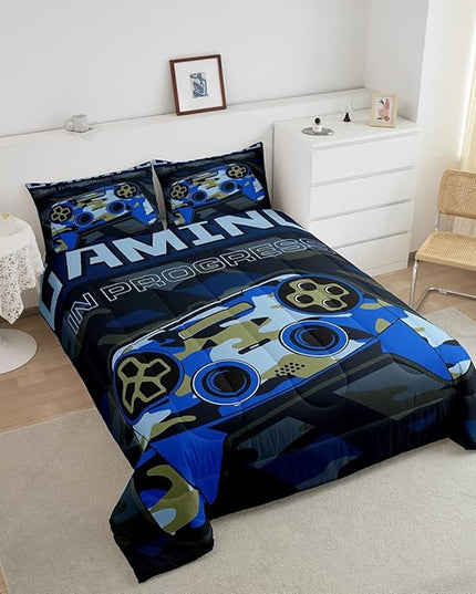Boys Gamepad Comforter Set Full Size Teens Gamer Bedding Set Retro Blue Camouflage Video Game Controller Comforter for Kids Youth Bedroom Decor Gamer Console Action Buttons Duvet Set Microfiber - LeafyLoom
