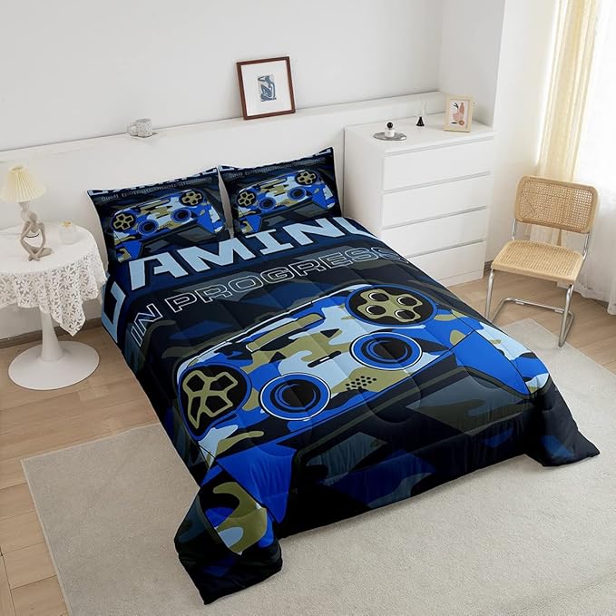Feelyou Boys Gaming Comforter Set King Size Teens Gamer Bedding Set Retro Blue Camouflage Video Game Controller Comforter for Kids Decor Gamer Console Action Buttons Duvet Set Microfiber Boys - LeafyLoom