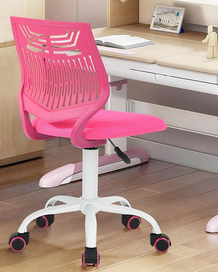 FurnitureR Desk Chair Armless Cute Home Office Desk Chair for Kids, Swivel Computer Task Chair Study Chair with Mesh Padded Cushion and Rolling Wheels for Child, Pink - LeafyLoom