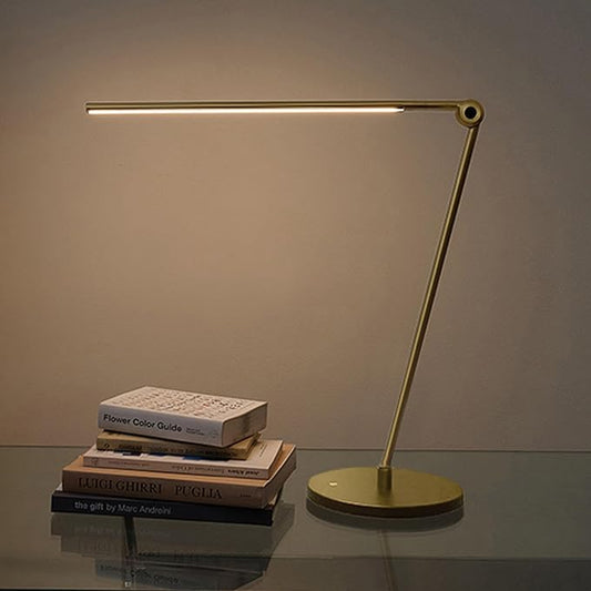 Brightech Libra LED Table Lamp - Contemporary Minimalist Thin Compact Desk Lamp - Adjustable Pivoting LED Head with Built-in Dimmer and Color Changing LED - Brass - LeafyLoom