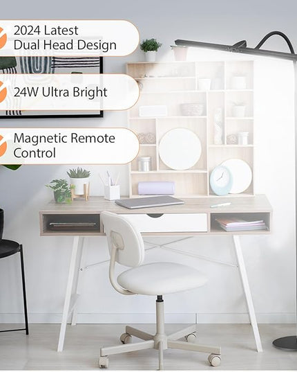 LED Floor Lamp - Foldable Dual Head Design, 24W Ultra Bright Adjustable 3000-5500K Color & 5 Step Brightness, Eye-friendly Anti-glare Reading Lamp with Remote, Standing Lamp for Office Study Drafting - LeafyLoom