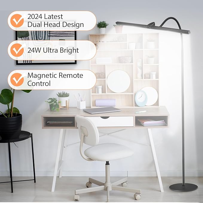 LED Floor Lamp - Foldable Dual Head Design, 24W Ultra Bright Adjustable 3000-5500K Color & 5 Step Brightness, Eye-friendly Anti-glare Reading Lamp with Remote, Standing Lamp for Office Study Drafting - LeafyLoom