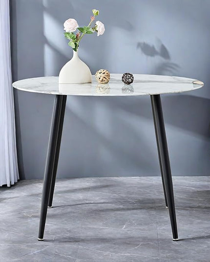NicBex Modern Round Minimalist Circular Dining Table with A Diameter of 40 Inches, a 0.3 Inch Thick White Imitation Marble Pattern Tabletop and Black Metal Legs, White - LeafyLoom
