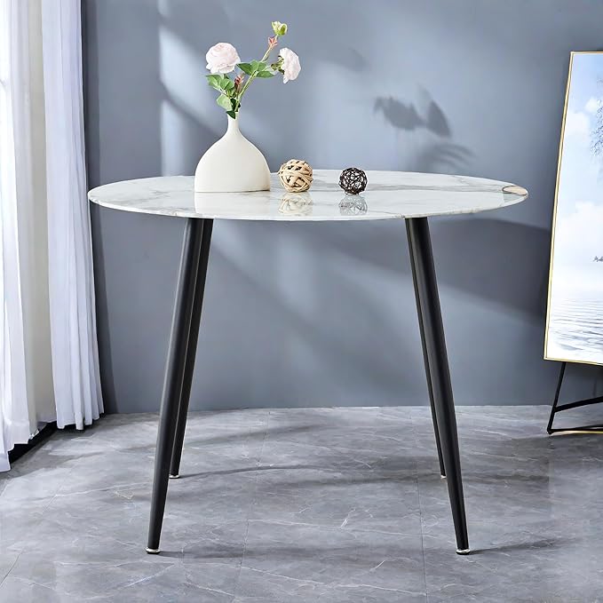 NicBex Modern Round Minimalist Circular Dining Table with A Diameter of 40 Inches, a 0.3 Inch Thick White Imitation Marble Pattern Tabletop and Black Metal Legs, White - LeafyLoom