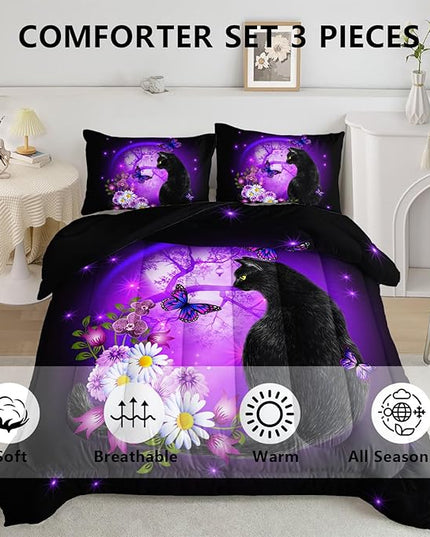 Black Cat Bedding Cartoon Cat Comforter Set Full,Daisy Butterflies Printed Kids Bedding Set for Kids Boys Girls Adults Room Decor,Kids Comforter Set All Season,1 Quilt 2 Pillow Cases,Purple - LeafyLoom