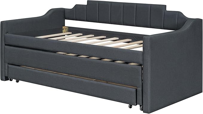 Merax Linen Upholstered Daybed Three Storage Size Wooden Sofa Bed Frame with Backrest and Both Side Armrests for Living, Guest Room, Apartments, Office, Twin with Trundle and Drawers, Grey - LeafyLoom