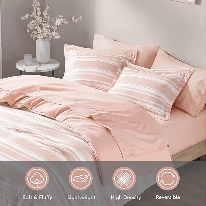 Codi Teen Girl Bedding Full Size, Pink Striped Bed in a Bag Reversible All Season Bed Set, 7 Piece Comforter Set with 2 Pillow Shams, Flat Sheet, Fitted Sheet and 2 Pillowcases - LeafyLoom