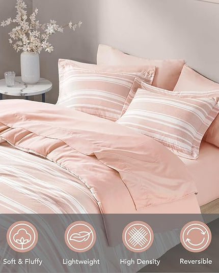 Codi Pink Comforter Set Full Size Bed 7 Piece, Striped Bed in a Bag Reversible for Teen Girls, Cationic Dyeing Bedding Sets with Comforter, Sheets, Pillowcases & Shams - LeafyLoom