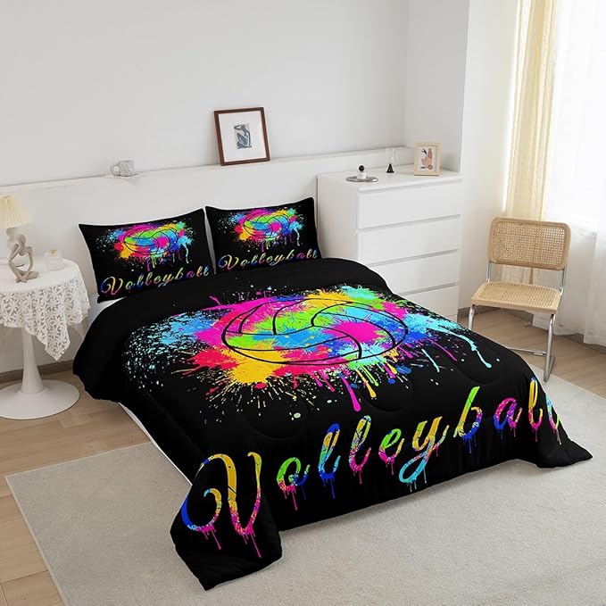 Kids Volleyball Comforter Set Full Size Sports Game Bedding Set for Boys Girls Teens Bedroom Decor Tie Dye Comforter Women Men Volleyball Player Duvet Set with 2 Pillow Case - LeafyLoom