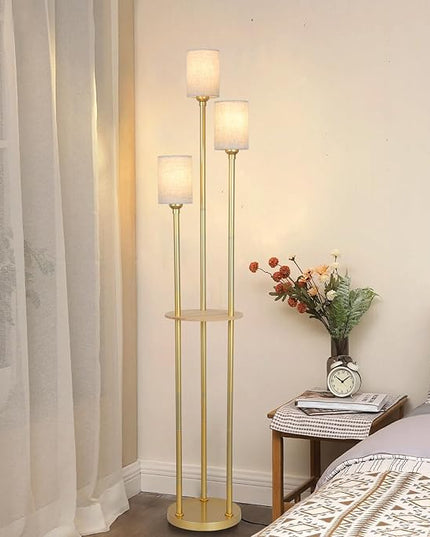 Floor Lamps for Living Room, 3-Lights Modern Floor Lamp with Shelves, Gold Standing Lamp with Fabric Shade and Foot Switch, Shelf Standing Lamps with Table, Tall Table Lamps for Bedroom Office - LeafyLoom