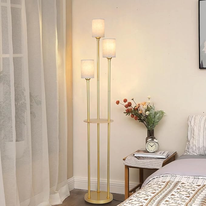 Floor Lamps for Living Room, 3-Lights Modern Floor Lamp with Shelves, Gold Standing Lamp with Fabric Shade and Foot Switch, Shelf Standing Lamps with Table, Tall Table Lamps for Bedroom Office - LeafyLoom