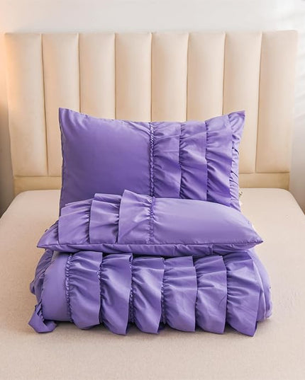 A Nice Night Waterfall Flutter Ruffle 3PCS Comforter Set,Chic Ruffled Textured Princess Bedding Set,Purple,Twin - LeafyLoom