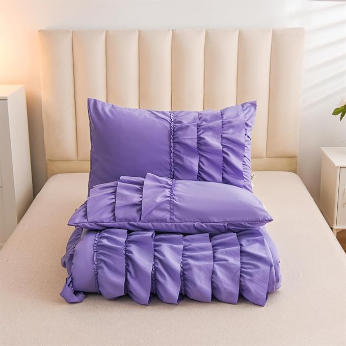 A Nice Night Waterfall Flutter Ruffle 3PCS Comforter Set,Chic Ruffled Textured Princess Bedding Set,Purple,Twin - LeafyLoom