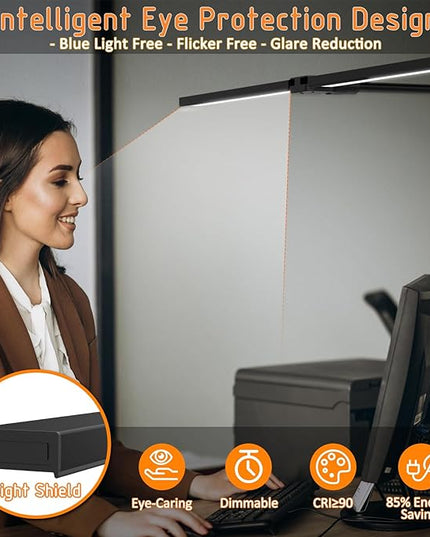 LED Desk Lamp for Home Office- 24W Double Head Desk Light with clamp, 5 Lighting Modes, 11 Brightness Levels, Adjustable Gooseneck Lamp with Timer- Black - LeafyLoom
