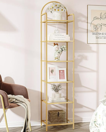Bookcase Bookshelf, Tempered Glass Bookshelves, Slim Shelving Unit for Bedroom, Bathroom, Home Office, Steel Frame, 6 Tier Gold BC10601G - LeafyLoom