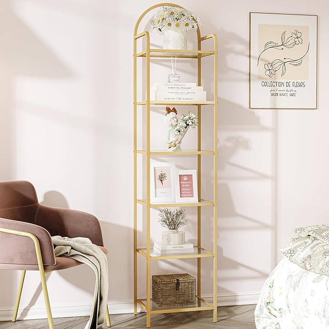 Bookcase Bookshelf, Tempered Glass Bookshelves, Slim Shelving Unit for Bedroom, Bathroom, Home Office, Steel Frame, 6 Tier Gold BC10601G - LeafyLoom