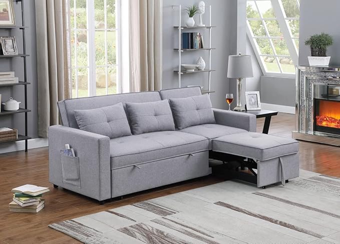 80'' L-Shape Convertible Sleeper Sectional Sofa with Pull-Out Recliner and Bed, Side Pocket, Linen Corner 3 Person Couch for Home Furniture, Living Room, Apartment, Dorm, Light Grey, 80" - LeafyLoom