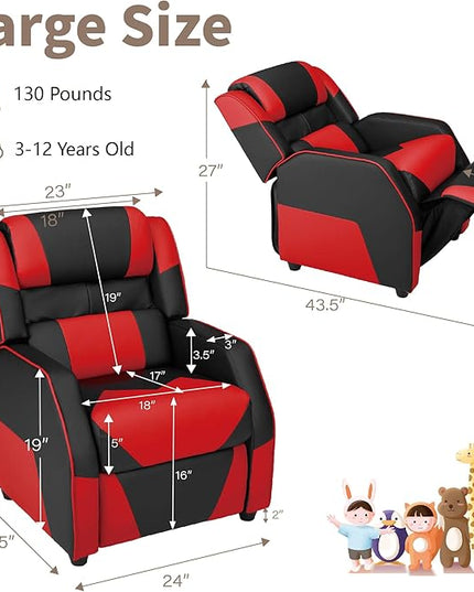 RACER Larger Kids Gaming Chair Leather Recliner Sofa Children Ages 3-12, BlackRed - LeafyLoom