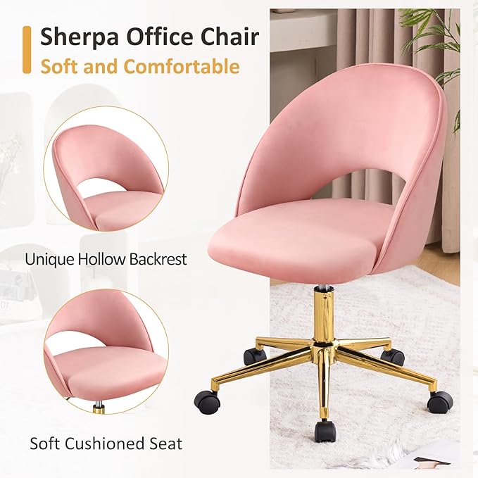 Furniliving Pink Vanity Chair, Cute Desk Chairs for Girls with Back, Rolling Upholstered Accent Chair for Living Room/Makeup Room/Bedroom, Pink - LeafyLoom