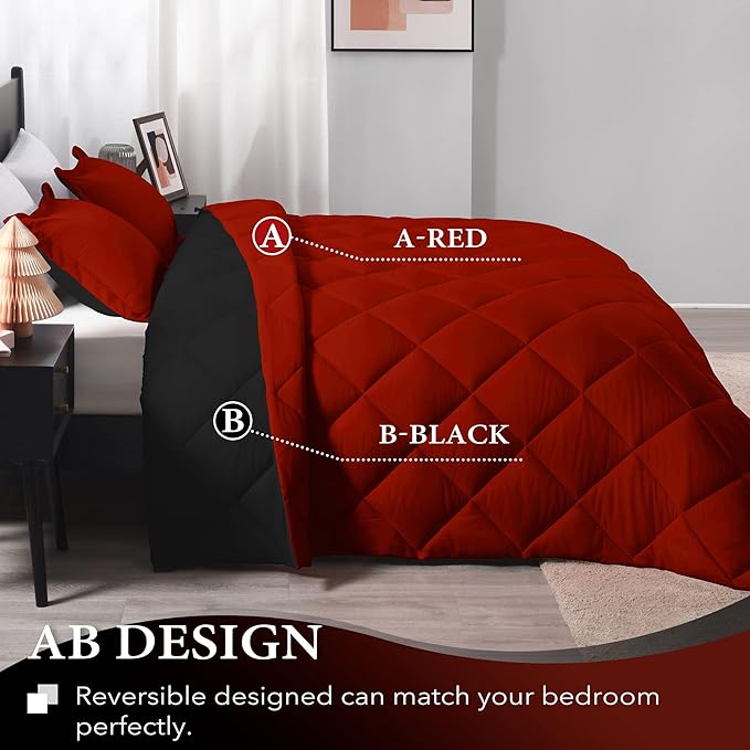downluxe Twin Comforter Set - Red and Black Twin Comforter, Soft Bedding Sets for All Seasons - 2 Pieces - 1 Comforter (66"x92") and 1 Pillow Sham(20"x26") - LeafyLoom