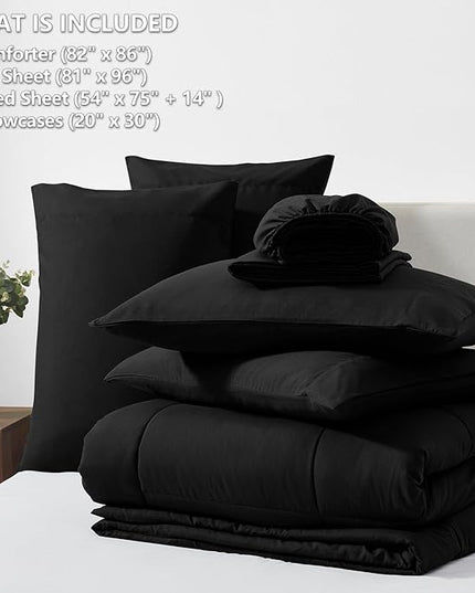 CozyLux Full Comforter Set - 7 Pieces Bed in a Bag Set Black, Bedding Sets Queen with All Season Quilted Comforter, Flat Sheet, Fitted Sheet, Pillowcases, Black, Full - LeafyLoom