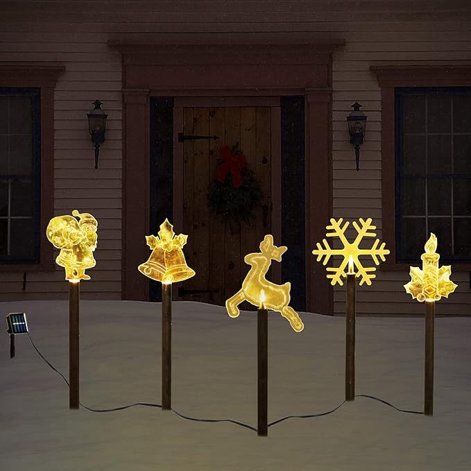 BRIGHTDECK Solar Christmas Pathway Lights Outdoor Decorations, Landscape Lights Waterproof Led Garden Stake Lights for Walkway Yard Lawn Porch Holiday Decor 5-Pack BRIGHTDECK