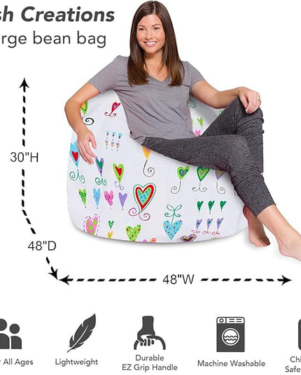 Posh Creations Bean Bag Chair for Kids, Teens, and Adults Includes Removable and Machine Washable Cover, Canvas Multi-Colored Hearts on White, 48in - X-Large - LeafyLoom