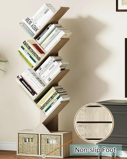 Vagusicc 6 Tier Tree Bookshelf - Retro Shelf Floor Standing Bookcase with Baskets, Tall Wood Book Storage Rack for Books/CDs, Tree Utility Book Organizer Shelves for Living Room, Home Office, Bedroom - LeafyLoom
