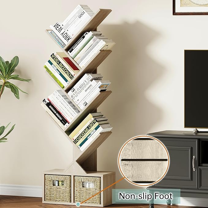 Vagusicc 6 Tier Tree Bookshelf - Retro Shelf Floor Standing Bookcase with Baskets, Tall Wood Book Storage Rack for Books/CDs, Tree Utility Book Organizer Shelves for Living Room, Home Office, Bedroom - LeafyLoom