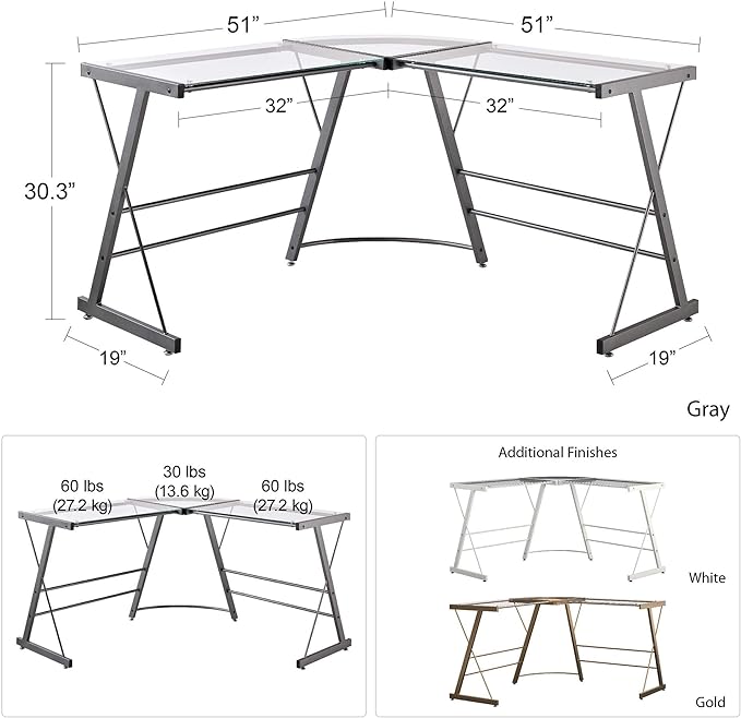 Ameriwood Home Odin Glass L-Shaped Computer Desk, Gold - LeafyLoom
