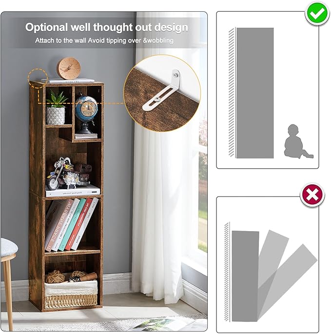 VECELO Small Bookshelf, 5 Cube Slim Bookcase, Fits Tallest Hardcovers, Horizontal Available, Modern Floor Standing Unit, Each Shelf Hold Up to 66 LBS, Vintage Brown - LeafyLoom