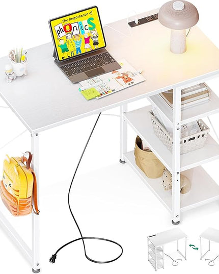AODK Laptop Desk Small Desk, 32 Inch Computer Desk with Power Outlet and USB & Type-C Charging Port, Writing Desk with 3-Tier Reversible Storage Shelf for Home Office, 32'' x 16'', White - LeafyLoom