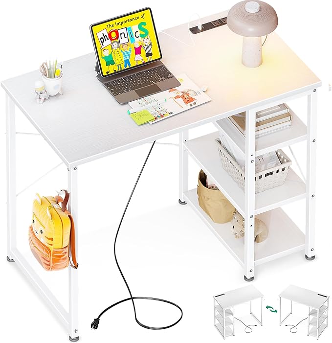 AODK Laptop Desk Small Desk, 32 Inch Computer Desk with Power Outlet and USB & Type-C Charging Port, Writing Desk with 3-Tier Reversible Storage Shelf for Home Office, 32'' x 16'', White - LeafyLoom