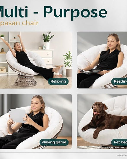 Bme 40" Ergonomic Wicker Papasan Chair with Soft Thick Density Fabric Cushion, High Capacity Steel Frame, 360 Degree Swivel for Living, Bedroom, Reading Room, Lounge - LeafyLoom
