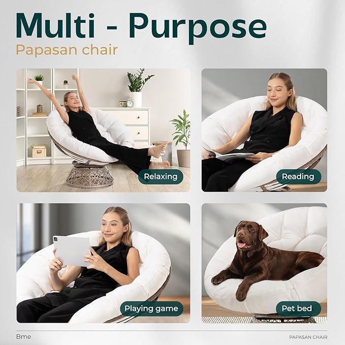 Bme 40" Ergonomic Wicker Papasan Chair with Soft Thick Density Fabric Cushion, High Capacity Steel Frame, 360 Degree Swivel for Living, Bedroom, Reading Room, Lounge - LeafyLoom