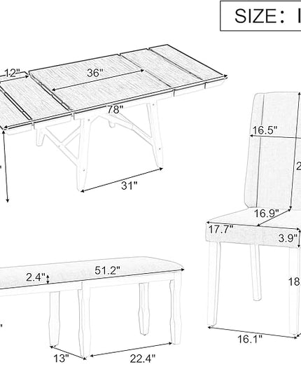 78Inch Dining Table Set for 6, Rectangular Extendable Dining Table with two 12" W Removable Leaves and 4 Upholstered Chairs & 1 Bench for Dining Room, Brown+White - LeafyLoom