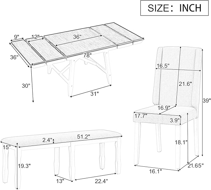 78Inch Dining Table Set for 6, Rectangular Extendable Dining Table with two 12" W Removable Leaves and 4 Upholstered Chairs & 1 Bench for Dining Room, Brown+White - LeafyLoom