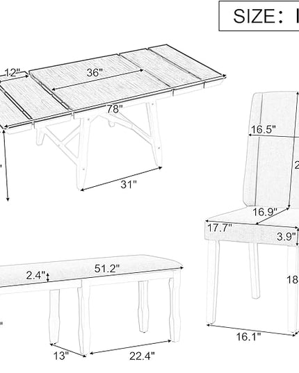 78Inch Dining Table Set for 6, Rectangular Extendable Dining Table with two 12" W Removable Leaves and 4 Upholstered Chairs & 1 Bench for Dining Room, Grey+White - LeafyLoom