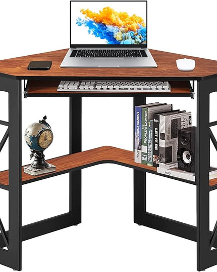 VECELO Corner Computer Desk 41 x 30 inches with Smooth Keyboard & Storage Shelves for Home Office Workstation, Teak - LeafyLoom