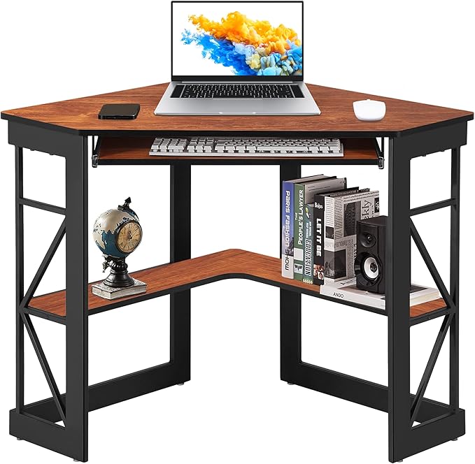 VECELO Corner Computer Desk 41 x 30 inches with Smooth Keyboard & Storage Shelves for Home Office Workstation, Teak - LeafyLoom