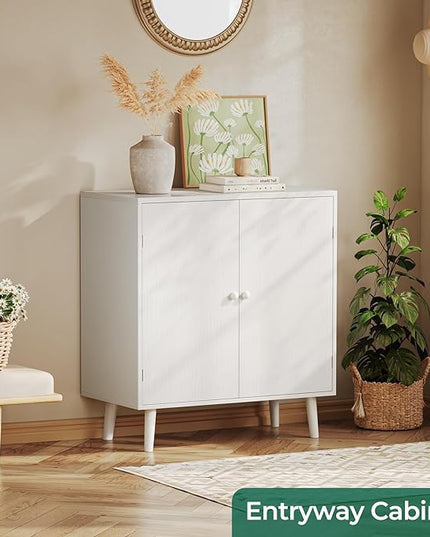 Buffet Cabinet with Storage, Storage Cabinet with 2 Doors, White Cabinet with Solid Wood Feet, Sideboard Cabinet Accent Cabinet, for Kitchen, Entryway, Living Room - LeafyLoom