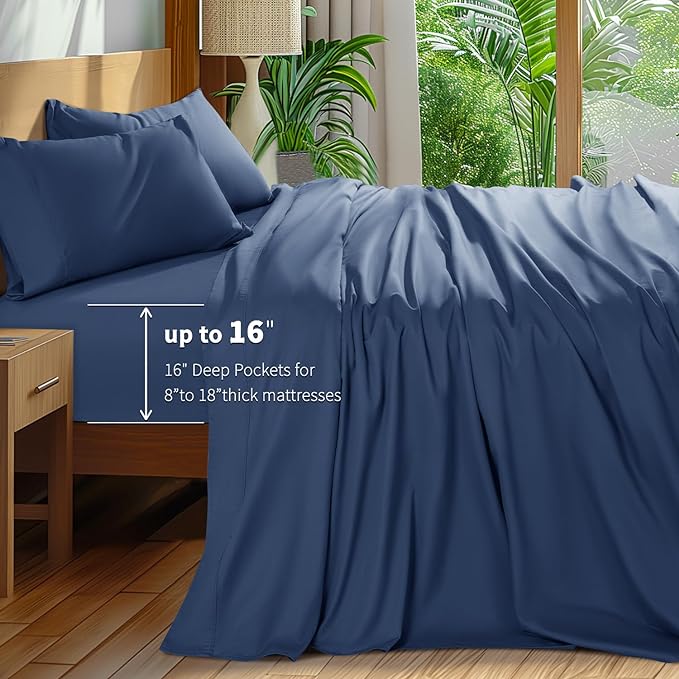 Shilucheng 100% Cotton Sheets Set - 600 Thread Count，Luxury Egyptian Cotton Bed Sheets，5-Star Hotel Quality Sheets, Breathable & Cooling, 16 Inch Deep Pocket - 4 Piece (Navy Blue, California King) - LeafyLoom