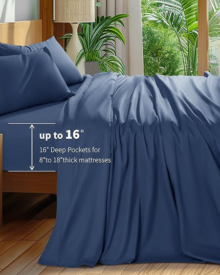 Shilucheng 100% Cotton Queen Size Sheets Set - 600 Thread Count，Luxury Egyptian Cotton Bed Sheets，5-Star Hotel Quality Sheets, Breathable & Cooling, 16 Inch Deep Pocket - 4 Piece (Navy Blue, Queen) - LeafyLoom