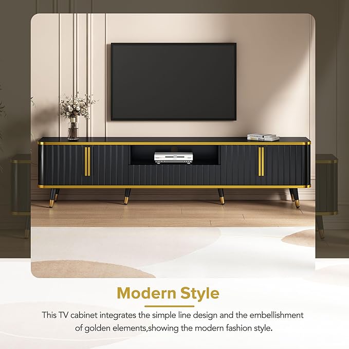 Merax Luxury Minimalism TV Stand with Open Storage Shelf, Cabinets and Drawers, Entertainment Center for Televisions Up to 85", Black - LeafyLoom