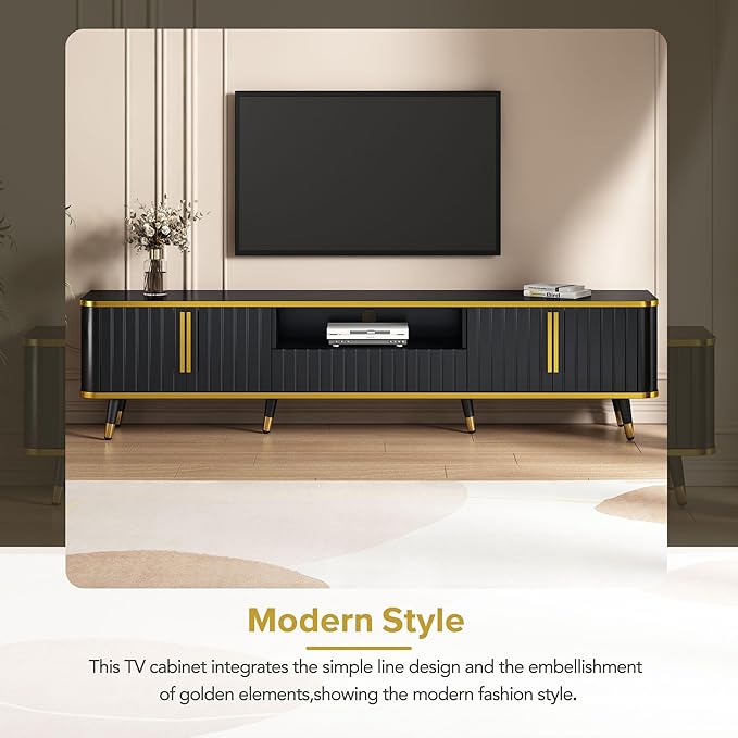 TV Stand with Open Storage Shelf and 2 Cabinets, 79" Luxury Minimalism Television Stands with Drawers and Unique Legs, TV Console Cabinet for for Living Room, Easy Assembly, Gold+Black - LeafyLoom
