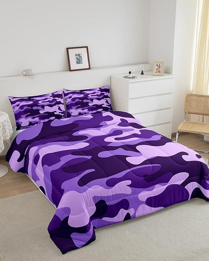 Queen Size Camouflage Comforter Set 3Pcs Kids Bedding Set for Boys Girls Teens 1 Comforter & 2 Pillowcases(Queen,Purple) Boys - LeafyLoom