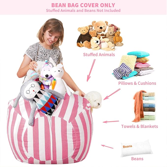 Aubliss Stuffed Animal Bean Bag Storage Chair, Beanbag Covers Only for Organizing Plush Toys, Turns into Bean Bag Seat for Kids When Filled, Large 38"-Canvas Stripes Pink/White - LeafyLoom
