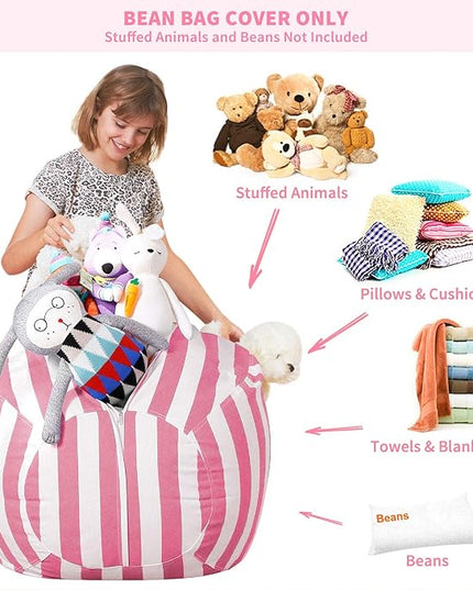 Aubliss Stuffed Animal Storage Bean Bag Chair Cover Only for Plush Toys, Blankets, X-Large 48"-Canvas Stripes Pink/White - LeafyLoom